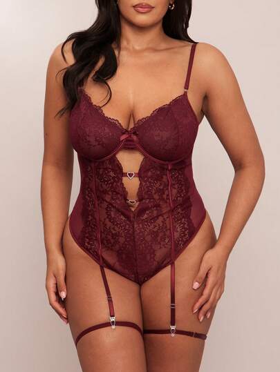 SHEIN BAE 4 件套大码性感网眼蕾丝拼布泰迪内衣套装