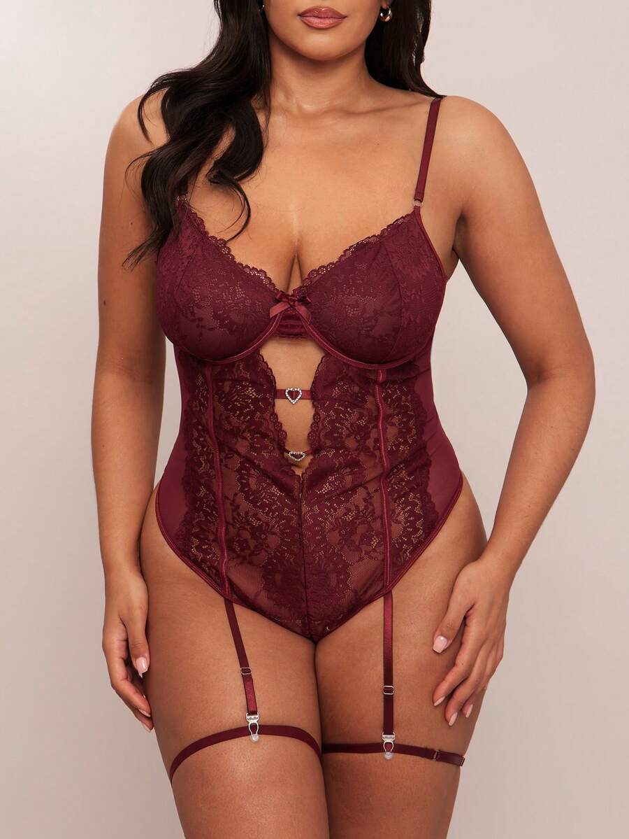 SHEIN BAE 4 件套大码性感网眼蕾丝拼布泰迪内衣套装 - 酒紅色 - 查看 1