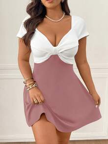 Femmeverse Vestido de fiesta elegante con cintura fruncida y parches para mujer de talla grande - Multicolor - Ver 3