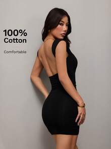 SHEIN PETITE 女士露背迷你连衣裙，100%纯棉针织面料，舒适休闲百搭，适合度假、约会和日常穿着。 - 黑色 - 查看 5