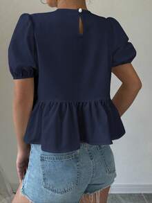 Elenzga 女士夏季纯色圆领泡泡袖蝴蝶结衬衫荷叶边上衣 荷叶边上衣 深蓝色上衣 藏蓝色上衣 收腰上衣 荷叶边上衣 女士娃娃衫 女士藏蓝色上衣 女士上衣和衬衫 Y2K修身衬衫 女士服装 职业衬衫 女士泡泡袖上衣 女士最新款上衣 女士休闲上衣 女士优雅夏季上衣 - 藏蓝色 - 查看 2