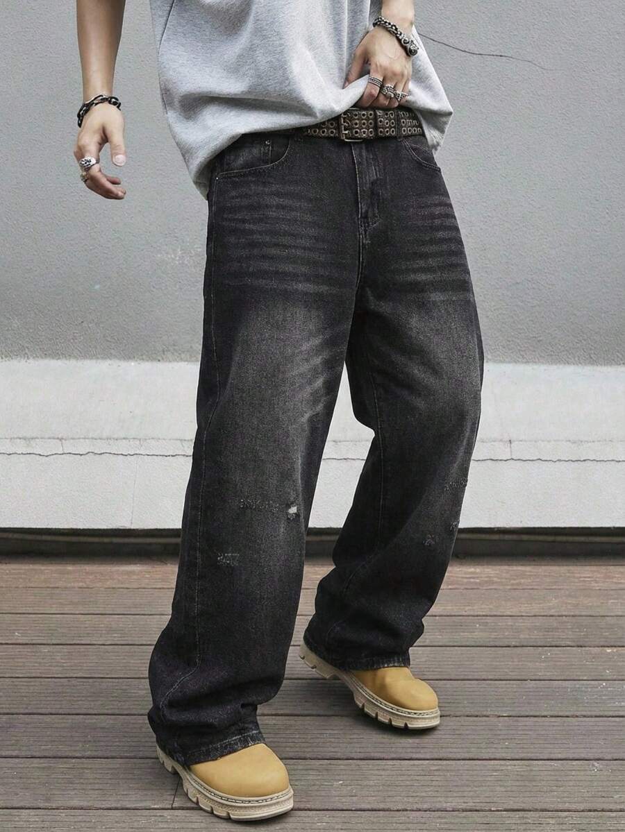 Manfinity Hypemode Quần jeans nam ống rộng màu đen xám bạc, kiểu dáng thường ngày, phù hợp cho mọi mùa. - màu đen - Xem 1