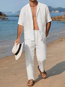 Manfinity Homme 男士舒适亚麻质感短袖荷叶边衬衫搭配抽绳松紧腰长裤，适合男士休闲度假、朋友聚会、派对、办公、商务休闲等场合，尤其适合春秋季穿着。 - 白色 - 查看 7