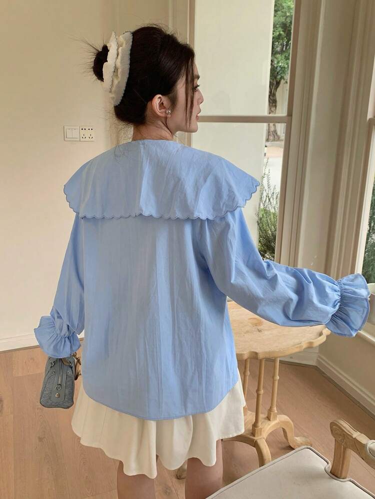 Dazy Plus Loose Fit Peter Pan Collar Embroidered Long Sleeve Blue Casual Blouse For Girls