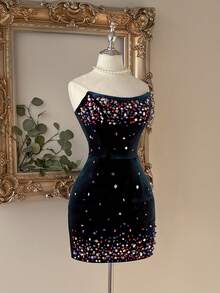 Lovelzi 2026 Black Velvet Strapless Mini Dress, Colorful Beaded Embellished Hem & Bodice, Party Cocktail Bodycon Dress For Women - Dark Green - View 5