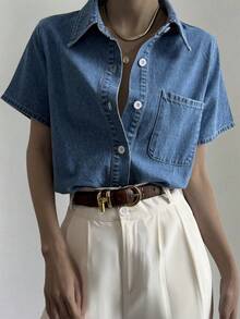 Dazy Tall Áo sơ mi denim nữ tay ngắn cổ bẻ dáng rộng, kiểu dáng thường ngày. - Rửa trung bình - Xem 7