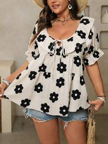 SHEIN LUNE CURVE Plus Size Women Beige Floral Print Crew Neck Ruffle Front Tie Babydoll Top,Summer Boho Vacation Holiday Wedding Guest Casual Flower Blouse Tops - Multicolor - View 5