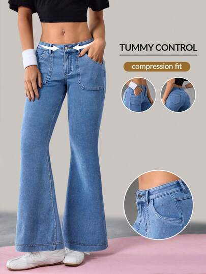 Flexra 女士休闲时尚街头日常通勤低腰喇叭牛仔裤