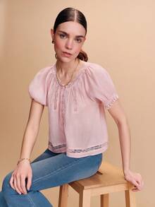 lacRébo 浅粉色浪漫短泡泡袖蕾丝上衣，春夏法式巴黎风情 - 淺粉色 - 查看 6