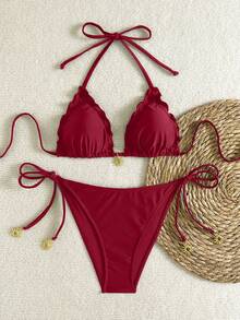 Swim Vcay Women's Summer Vacation Gold Sun Decor Black Bikini Set, Beach Outfit - Burgundy - View 6
