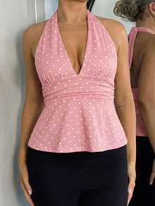 Bethéva Women's Halter Deep V-Neck Ruched A-Line Polka Dot Backless Camisole - Pink - View 3