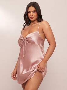 SHEIN BAE Plus Size Front Pleated Bowknot Band Simulation Silk Camisole Nightdress - Dusty Pink - View 3