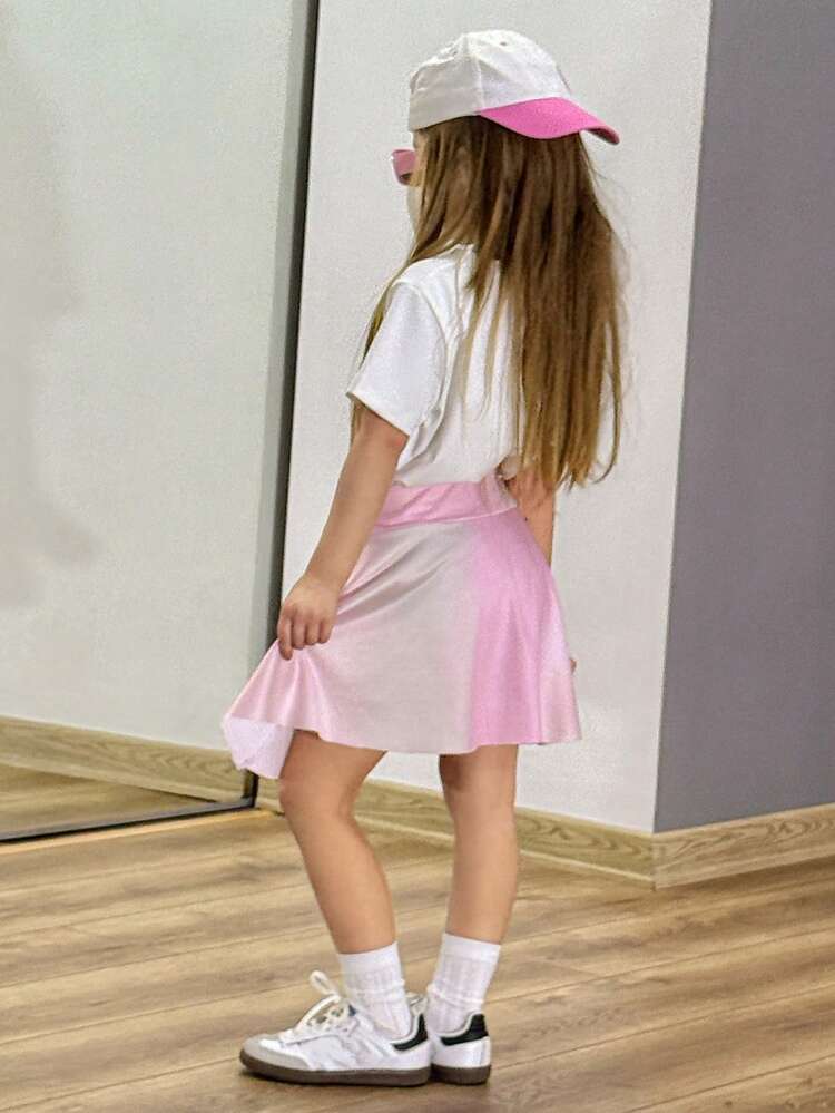 Young Girl Fall Outfit, Girls Round Neck Knit Printed Short Sleeve T-Shirt & Skirt Sports Set Summer