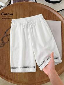 Rusticease Women's Drawstring Waist Embroidery Design Loose Pocket Shorts - White - View 3