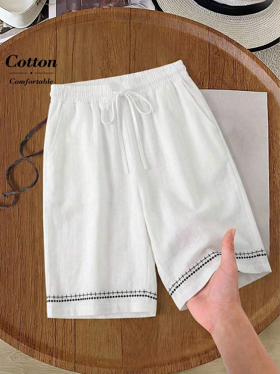 Rusticease Pantalones cortos sueltos con bolsillos y diseño bordado con cordón en la cintura para mujer - Blanco - Ver 1