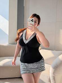 Vibekara Plus Size Women Pleated Rhinestone Embellished Camisole - Black - View 5