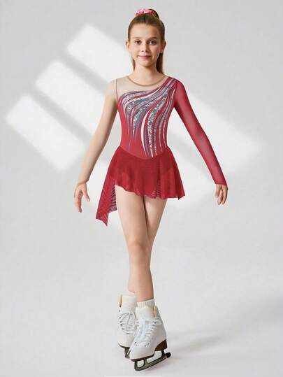 SHEIN Tween Girls Figure Skating Outfit, Fuchsia Floral Print, Elegant Sparkling Rhinestone Decorated, Long Sleeve, Fitted Mesh Skirt, Comfortable & Stylish For Competition & Training