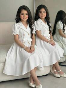 少女优雅珍珠装饰领口腰带蝴蝶结泡泡袖荷叶边下摆中长连衣裙，适合春夏商务、派对和日常穿着。 - 白色 - 查看 3