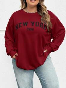 SHEIN CURVE+ 秋冬大码休闲宽松纽约图案圆领长袖女式运动衫 - 酒紅色 - 查看 9