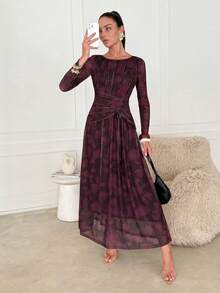 Lavishia 紫色褶裥腰身圆领中长连衣裙 - 中紫紅色 - 查看 1