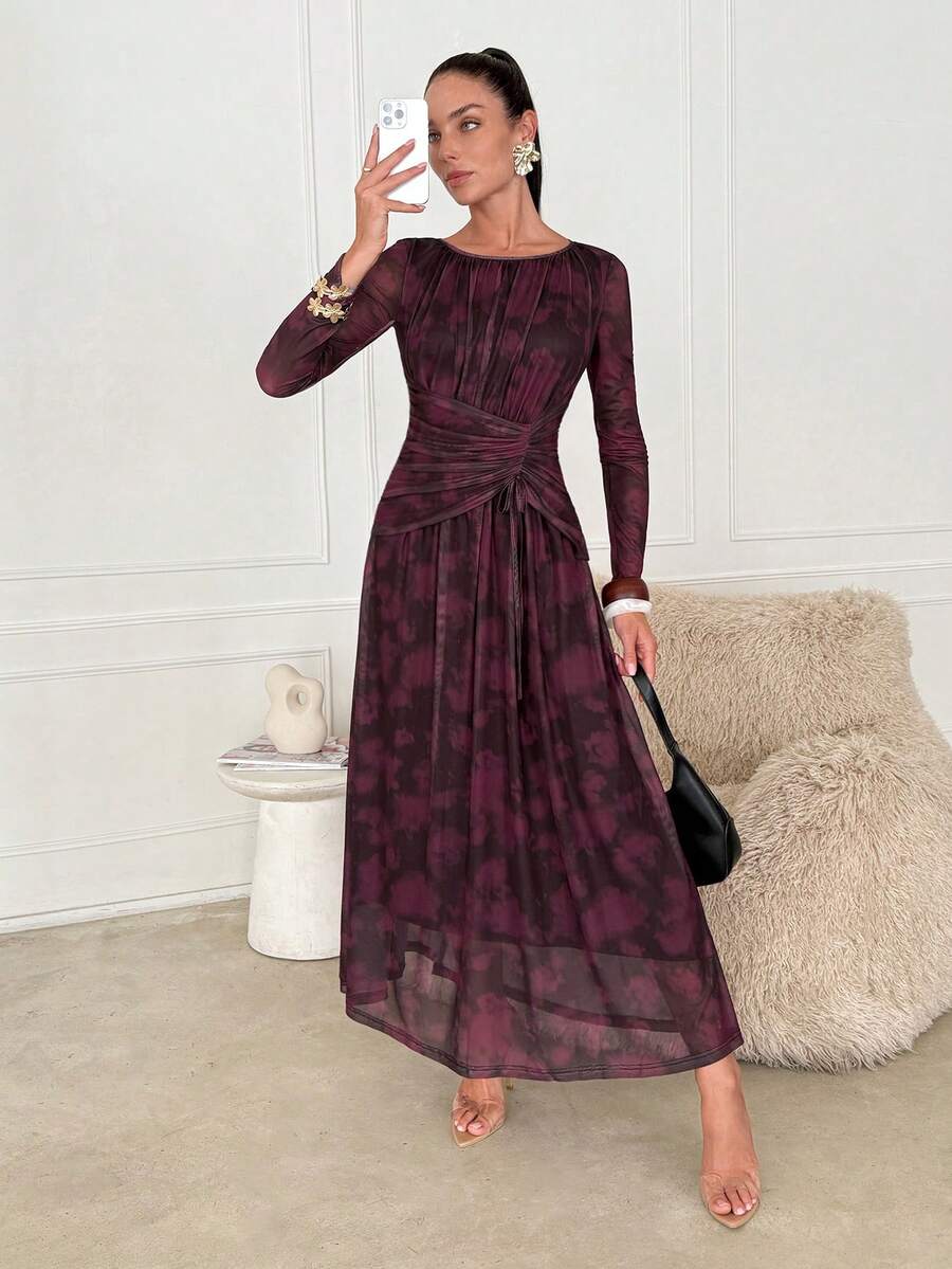 Lavishia 紫色褶裥腰身圆领中长连衣裙 - 中紫紅色 - 查看 1