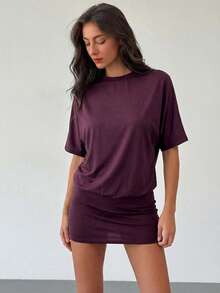Aloruh Purple Elegant Knit Backless Mini Dress, Loose Top & Tight Bottom For Women - Purple - View 4