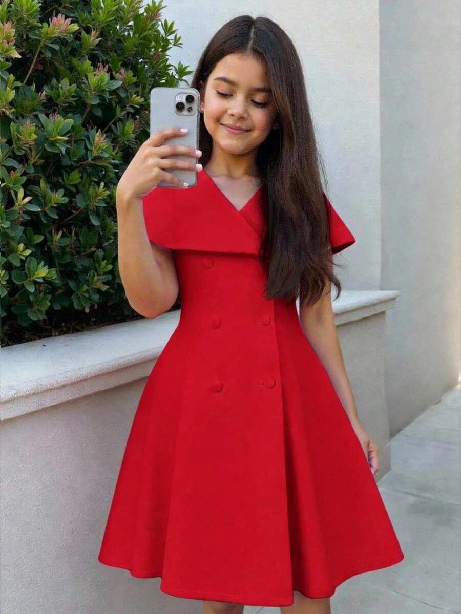 Firerie Kids 少女红色西装连衣裙,V领开衫连衣裙,商务通勤优雅可爱休闲连衣裙 - 紅色 - 查看 1