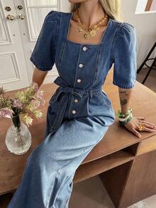 DAZY 女士休闲水洗方领花瓣袖系带牛仔连体裤，春夏款 - 中等水洗藍 - 查看 7