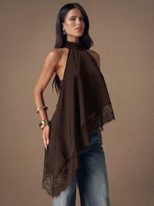 SHEIN BAE 优雅蕾丝拼接露背缎面吊带背心，性感挂脖无袖上衣，适合派对、鸡尾酒会、正式场合、圣诞节、商务休闲等场合。 - 咖啡棕 - 查看 4