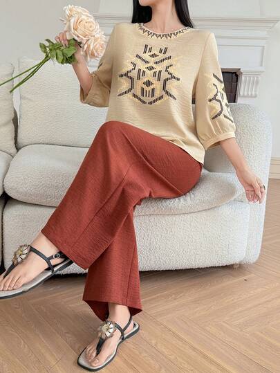 Vivie Lora Women's Geometric Pattern 3/4 Sleeve Shirt And Loose Casual Pants 2 Pieces Set
