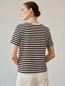 MOTF PREMIUM CAMISETA DE MUJER DE CUELLO REDONDO DE MANGA CORTA, BLUSA RAYADA CASUAL Y VERSÁTIL PARA EL VERANO - Negro - Ver 3