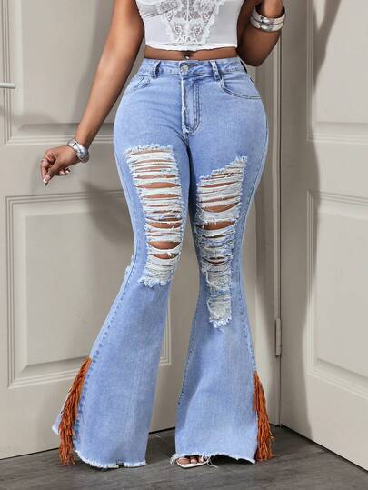 Slaydiva 女士口袋破洞毛边喇叭牛仔裤