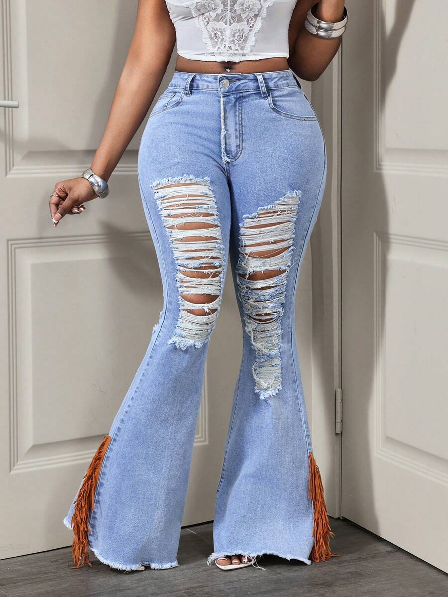 Slaydiva Women's Pocket Distressed Frayed Hem Flare Leg Jeans - Light Wash - View 1