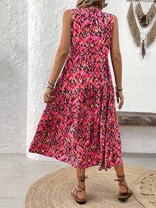 Breezaya Multicolor All Over Print Boho V Neck Sleeveless Smock Long Dress With Ruffle Hem - Multicolor - View 2