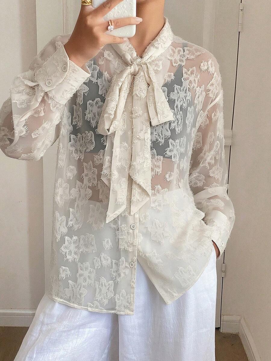 DAZY 女士宽松纯色长袖雪纺系领休闲夏季上衣外出服 - 杏色 - 查看 1