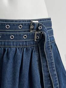 Elamini 女士牛仔褶皱按扣百搭约会之夜休闲迷你裙 - 深色水洗藍 - 查看 3