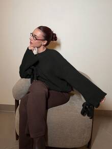 Abrilcols 棕色针织袖口系带宽松套头衫，秋冬新品 - 黑色 - 查看 4