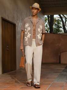 AKNOTIC Business Casual 男士棕色梭织花卉刺绣休闲宽松短袖Polo衫，适合夏季、度假、日常穿着、派对、情侣装、男士礼物 - 卡其色 - 查看 7