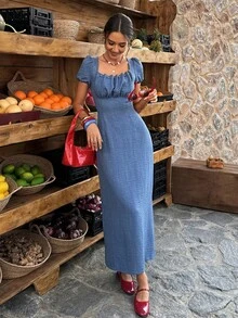 Selianne 1pc Women's Spring/Summer Beaded Ruched Collar Fitted Casual Vacation Everyday Denim Effect Dress - Lake Blue - View 5