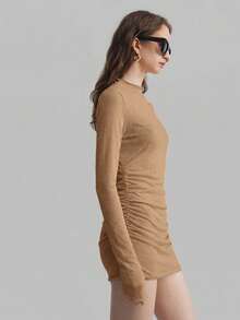 Ontre 女士透视网纱高领长袖上衣，百搭实用，适合都市通勤、商务休闲、约会、度假、婚礼等场合。 - 卡其色 - 查看 6