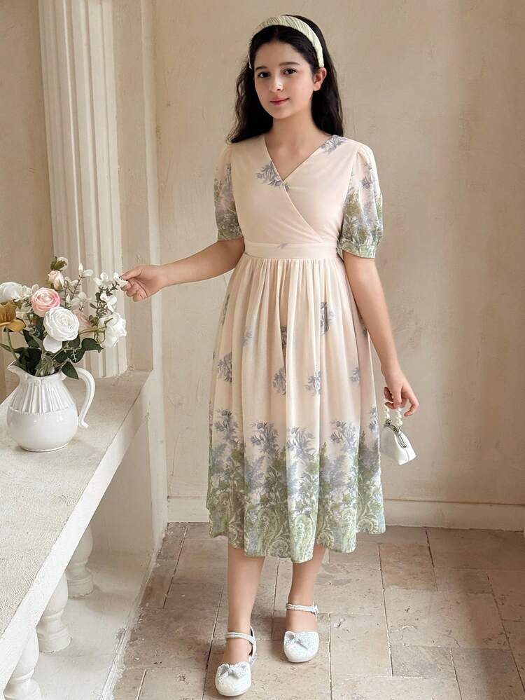 Tween Girl Floral Print Short Sleeve Vacation Dress Summer