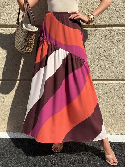 Solivie Women's Vacation Casual Colorblock Print Skirt