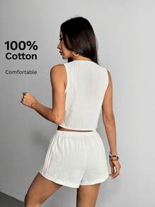 SHEIN PETITE Women's 100% Cotton 2 Pieces Set White Summer Boho Vacation Holiday Solid Color Tie Front Cropped Sleeveless Top And Shorts Casual Co Ord Outfit - White - View 2