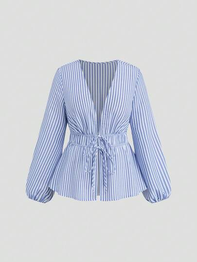 Sweetra Plus Size Women Striped Front Tie Long Sleeve Casual Shirt