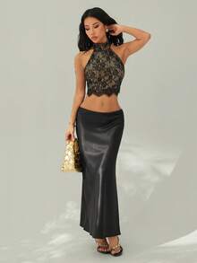 SHEIN PETITE 女士蕾丝吊带露背性感黑色吊带衫 - 黑色 - 查看 13