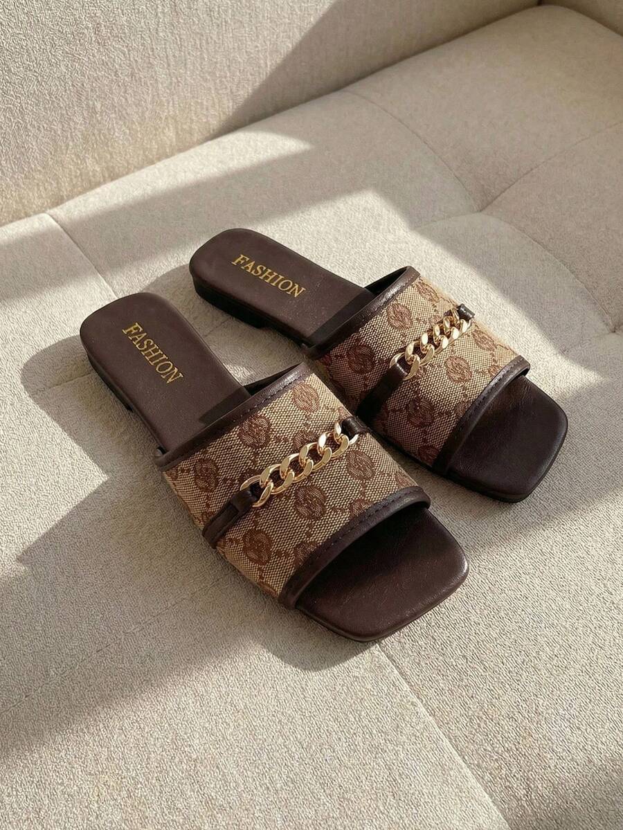 Resyla [休闲平底凉鞋] 女士平底凉鞋，带链条扣，露趾，一脚蹬，TPR 鞋底 - 适合海滩 - 棕色 - 查看 1