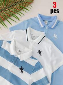 SHEIN 3件套儿童/青少年男童休闲日常舒适印花图案Polo领半拉链套头短袖针织衫，3种款式 - 彩色 - 查看 2