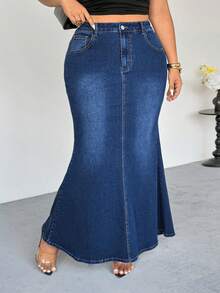 Firerie Falda midi elegante de mezclilla con cintura alta y bolsillos para mujer de talla grande - Azul - Ver 7