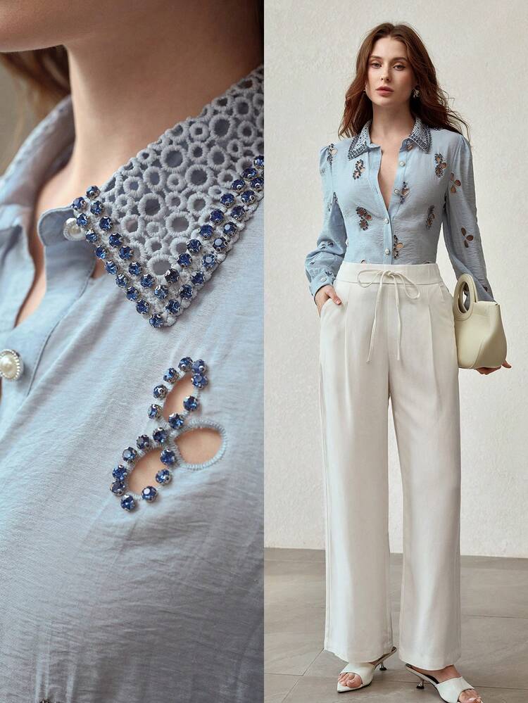 FASHIONABLE EMBROIDERED & RHINESTONE DECORATED LASER CUT WOMEN'S SHIRT