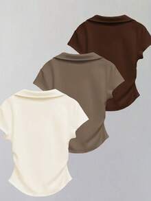 SHEIN LUNE 女士纯色 Polo 领短袖休闲百搭 T 恤 - 彩色 - 查看 2